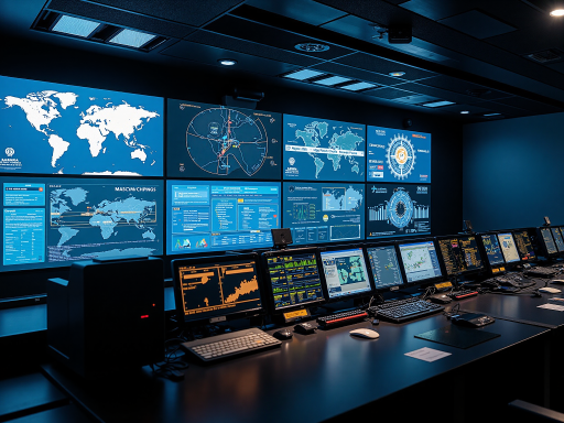 现代化航空控制中心内部,多个大屏幕显示飞行航线和导航数据,技术人员正在工作台前操作,灯光柔和专业